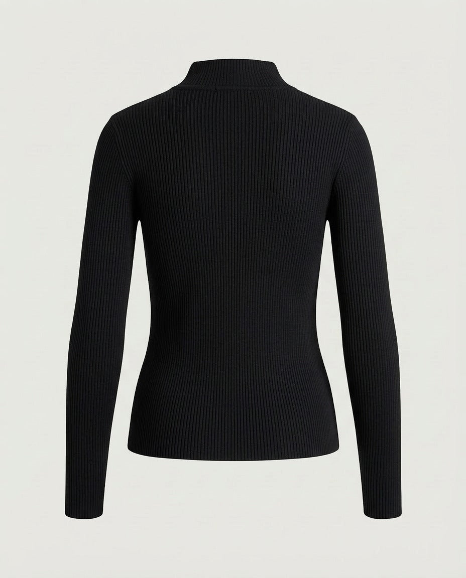Essential Ribbed Mock Neck Sweater in Black, back view