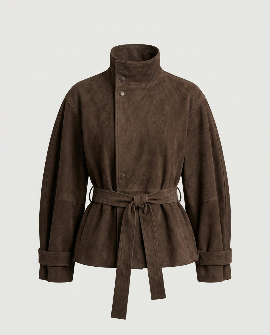 Model wearing Chocolate faux suede belted blouson jacket with stand collar.