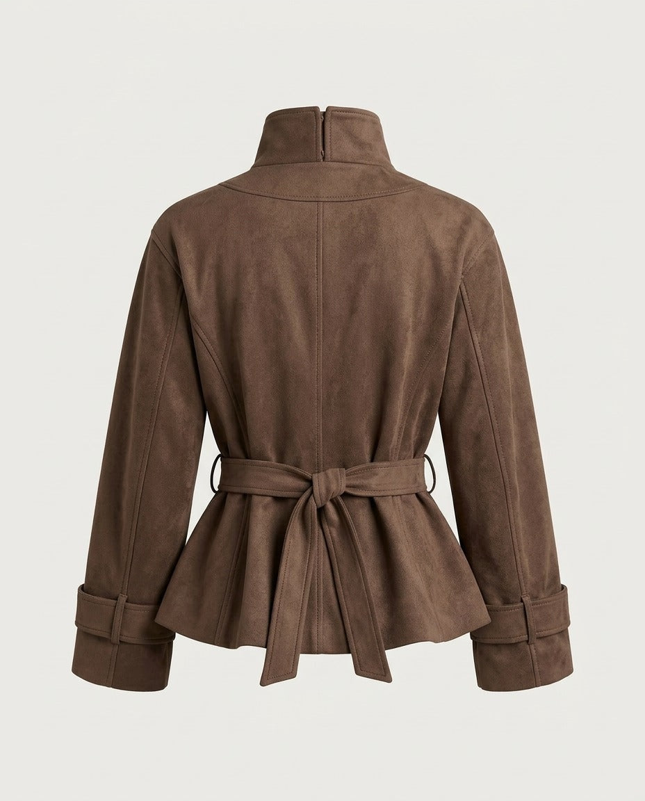 Chocolate faux suede blouson jacket showing the gathered waist silhouette.