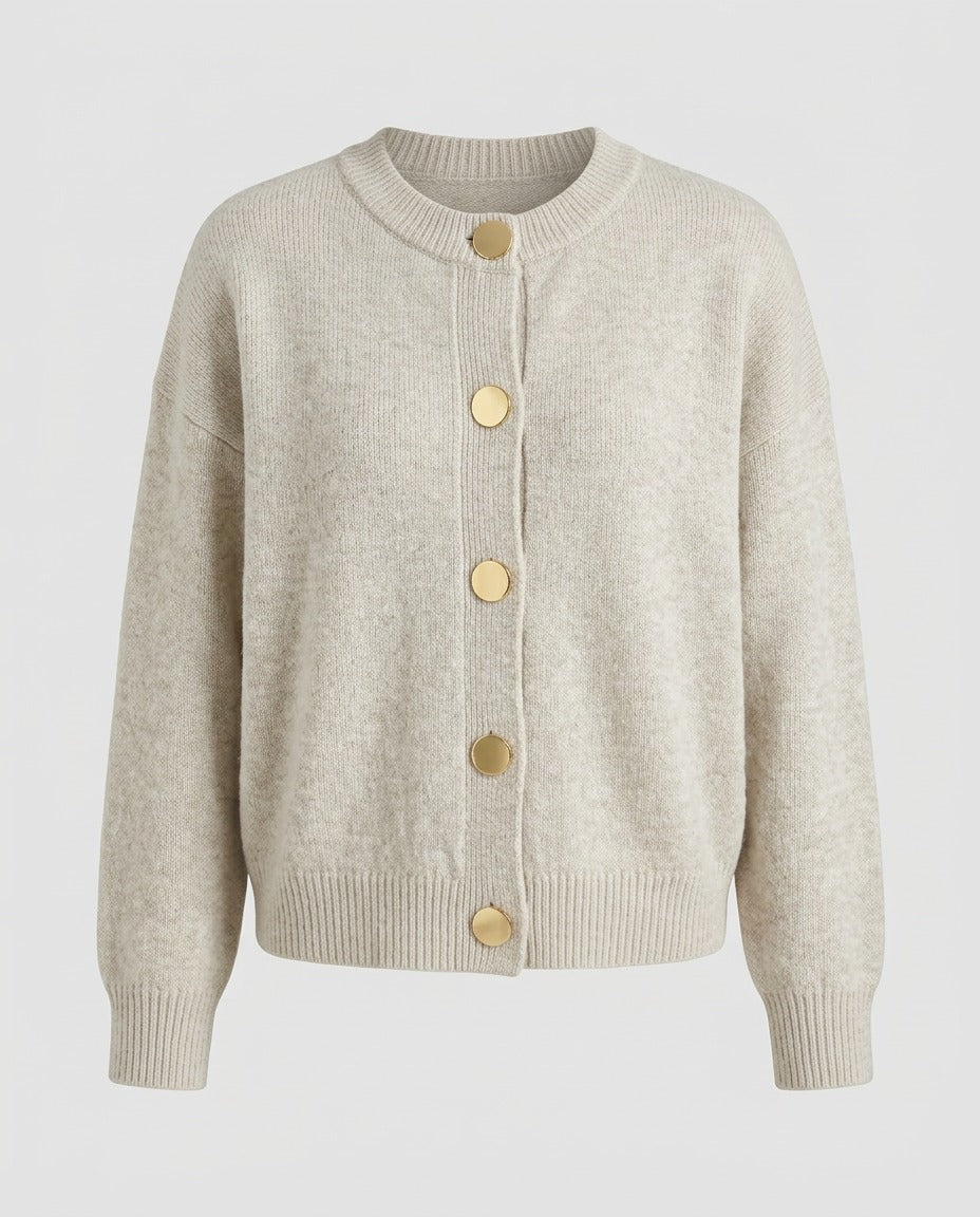 Fine gauge button cardigan in oatmeal, front view.
