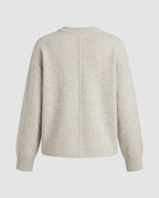 Fine gauge button cardigan in oatmeal, back view, smooth finish.