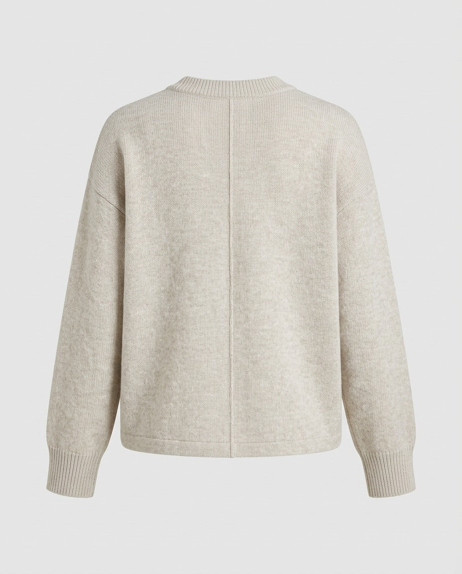 Fine gauge button cardigan in oatmeal, back view, smooth finish.