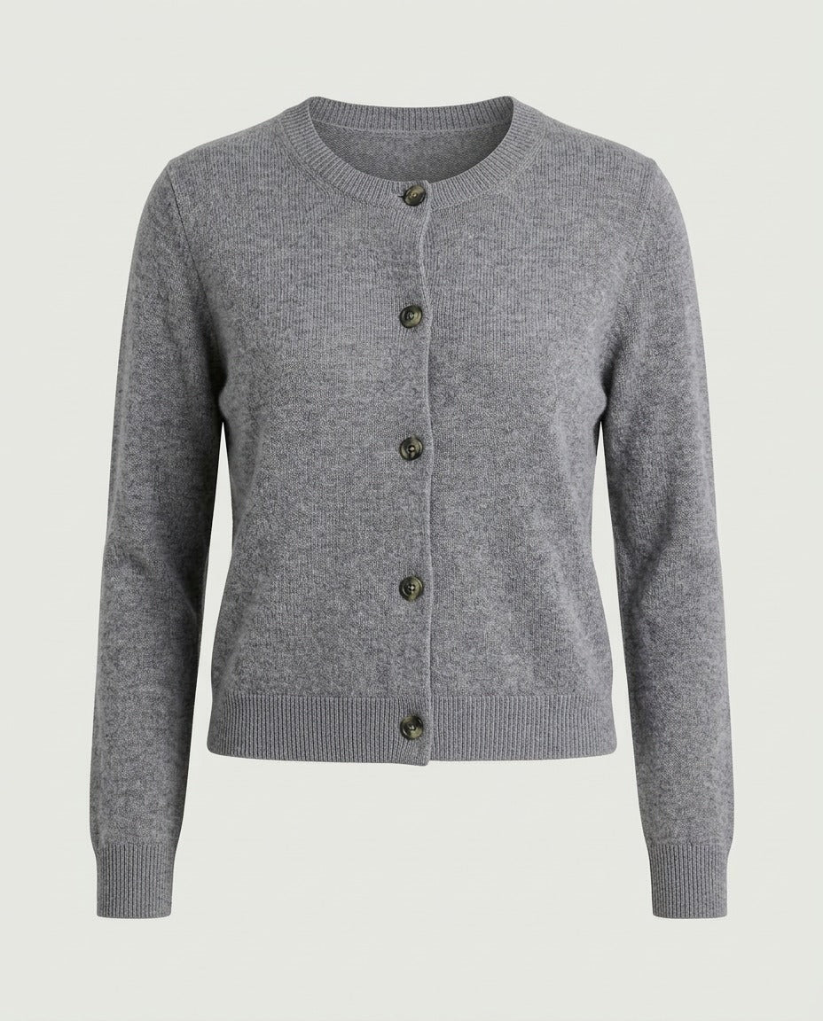 Fine gauge knit cardigan in grey, front view, buttoned.