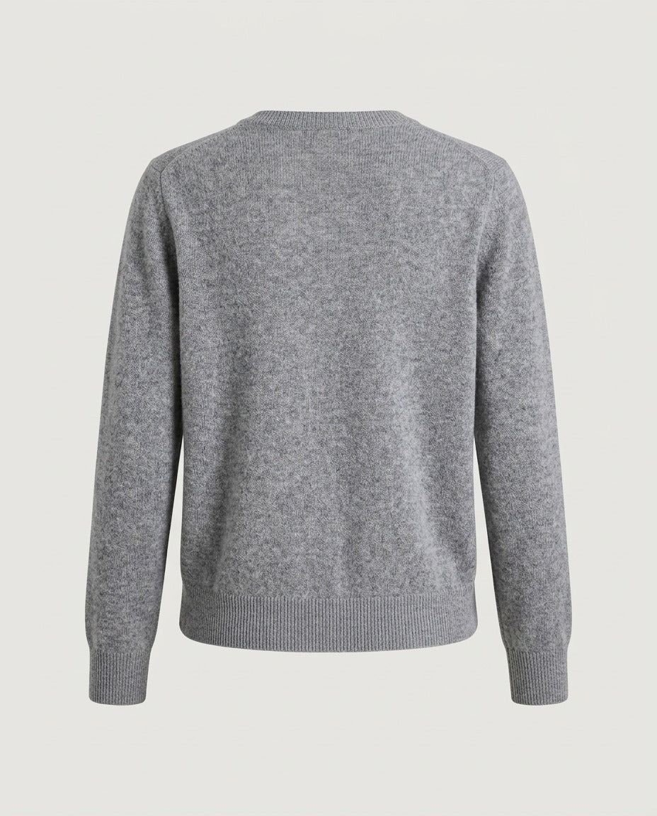 Fine gauge knit cardigan in grey, simple back silhouette.