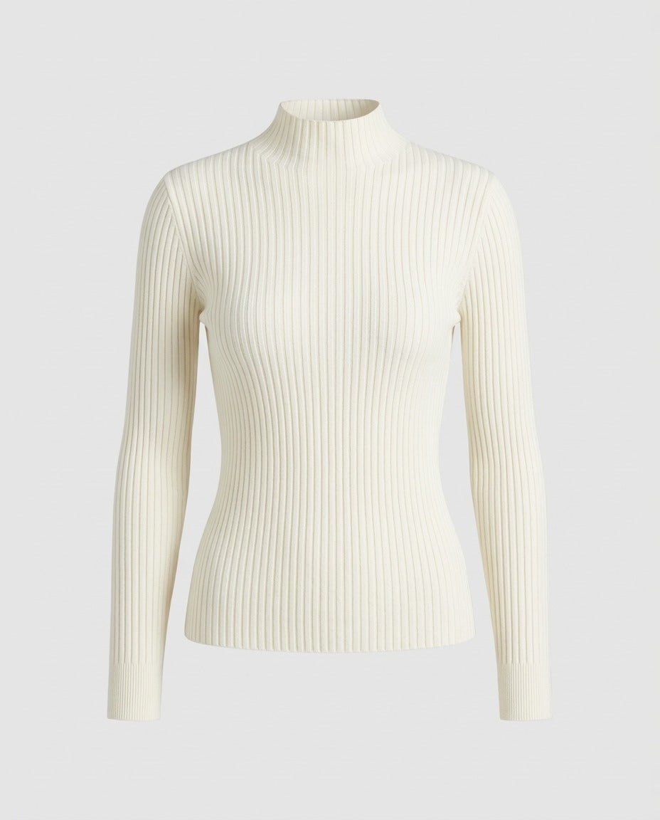 Front view of the fine-rib mock-neck knit in cream.
