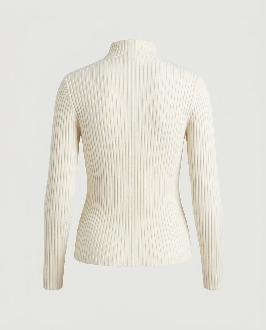 Back view of the fine-rib mock-neck knit in cream.