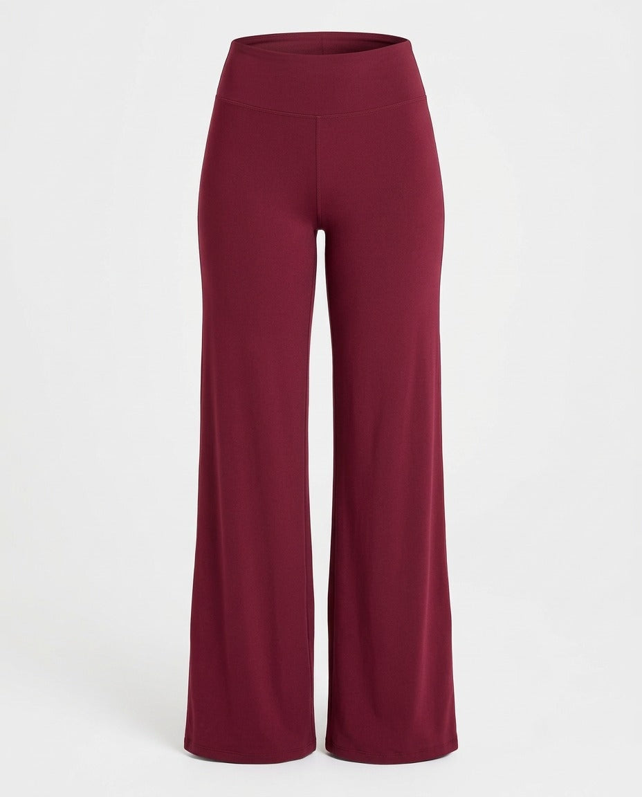 Burgundy jersey trouser with high waist and wide flared leg.