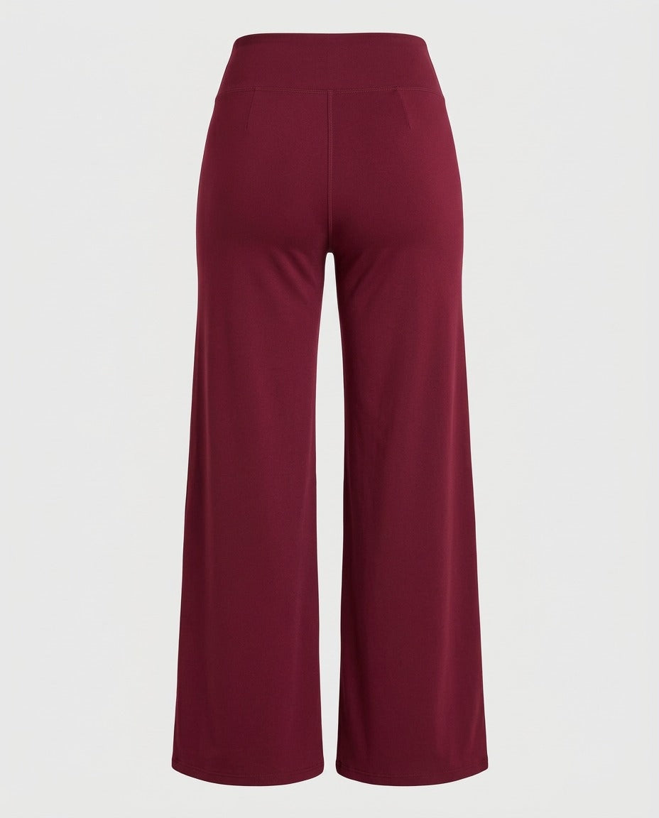 Burgundy jersey trouser, back view, showing smooth silhouette.