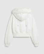Cropped cream bomber showing faux fur hood, drawstrings and ribbed hem