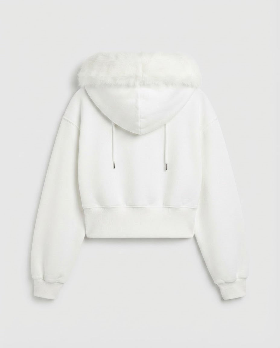 Cropped cream bomber showing faux fur hood, drawstrings and ribbed hem