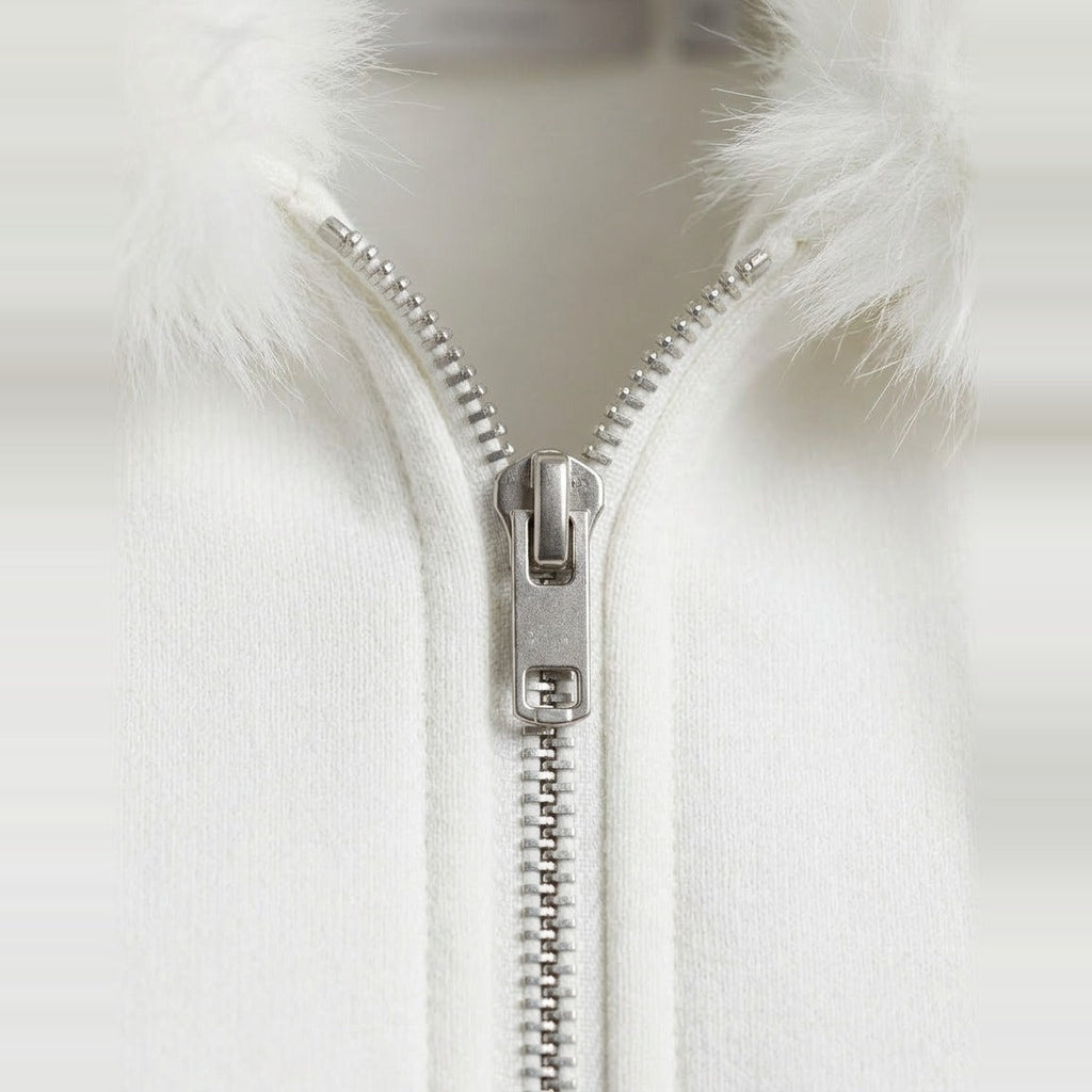 Faux Fur Hood Bomber in White, full zip and plush faux fur trim, detail view