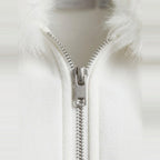 Faux Fur Hood Bomber in White, full zip and plush faux fur trim, detail view