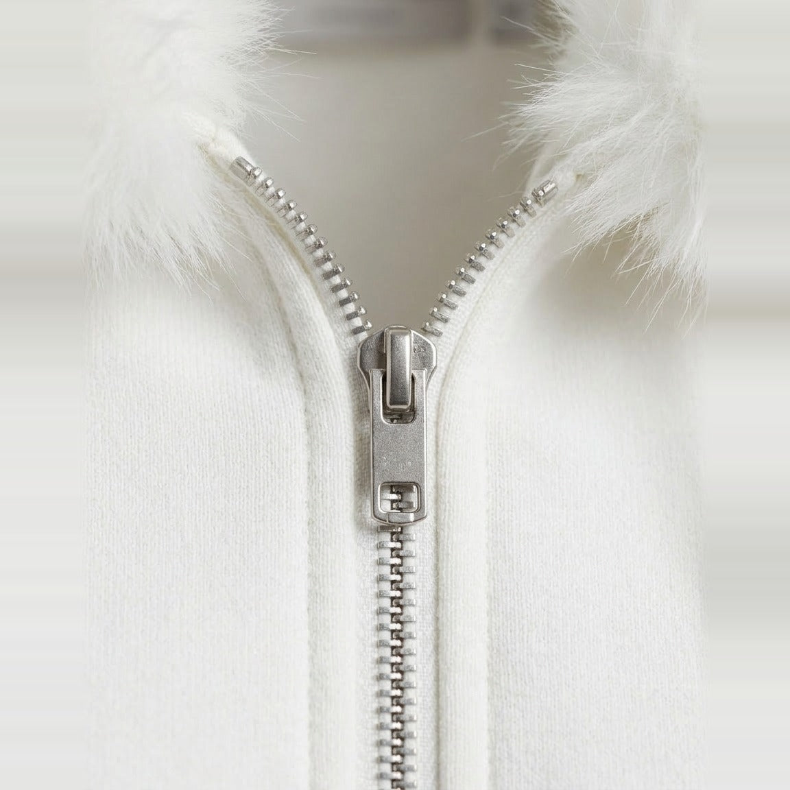 Faux Fur Hood Bomber in White, full zip and plush faux fur trim, detail view