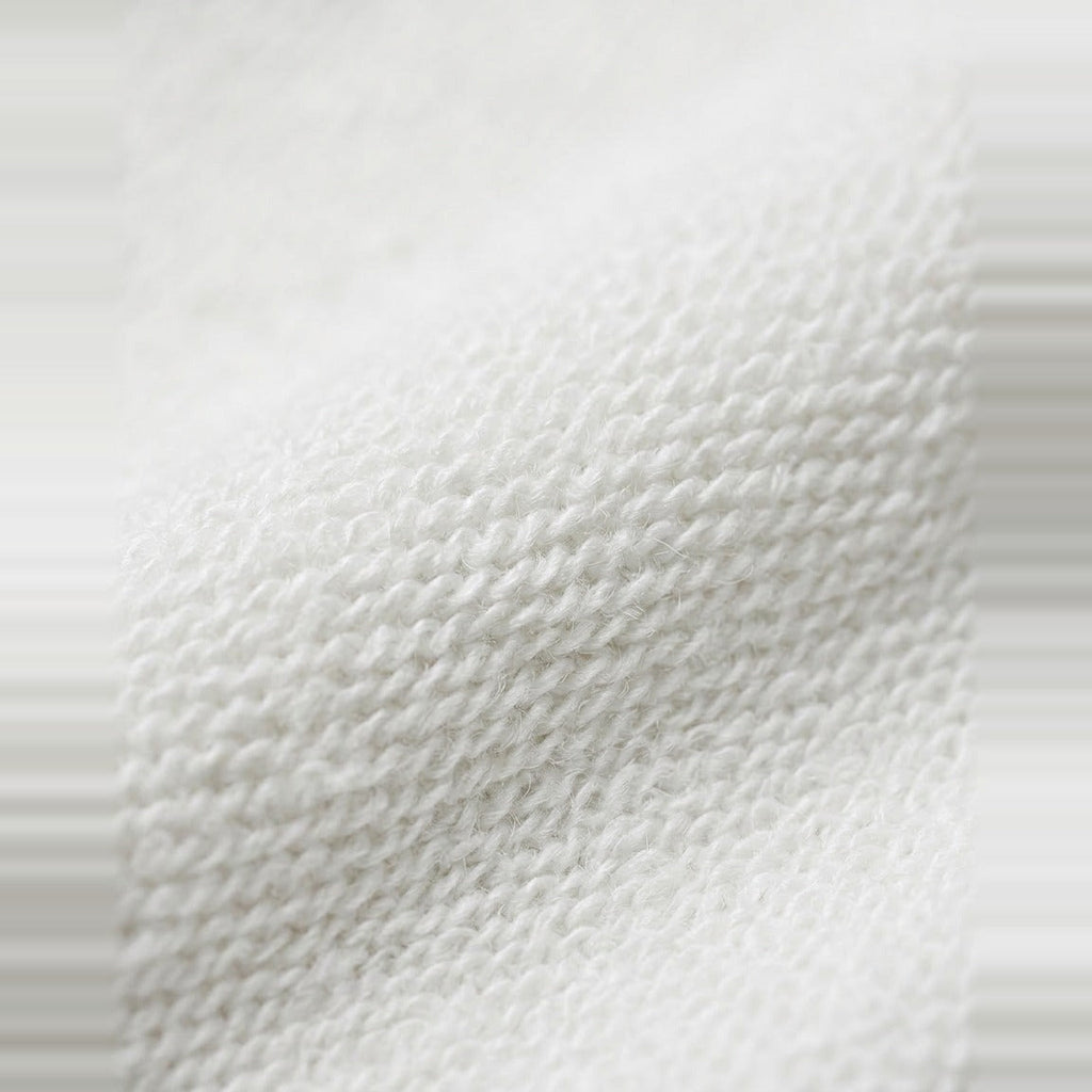 Faux Fur Hood Bomber in White, soft looped jersey texture close-up
