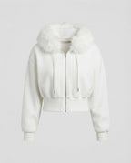 Cream cropped bomber with plush faux fur hood trim and full zip, front view