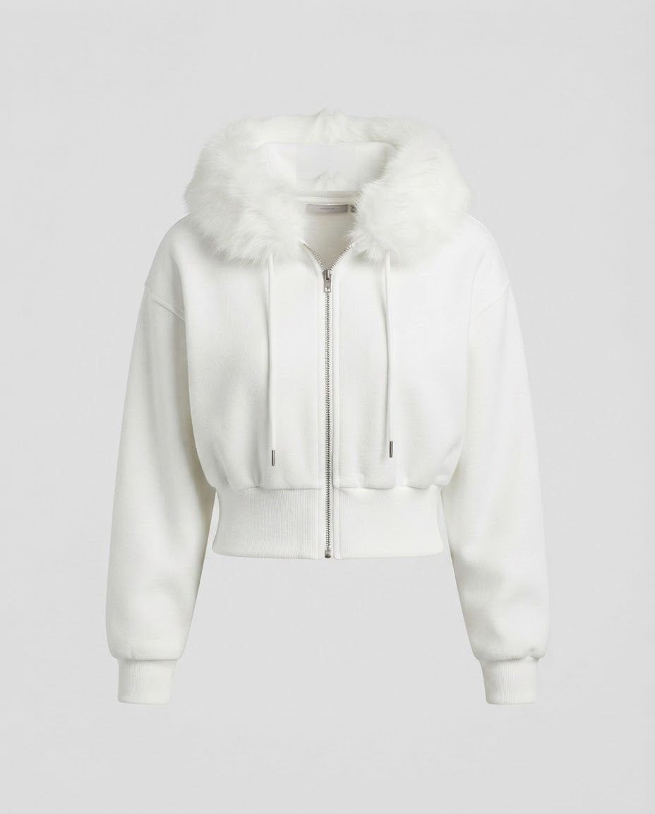 Cream cropped bomber with plush faux fur hood trim and full zip, front view