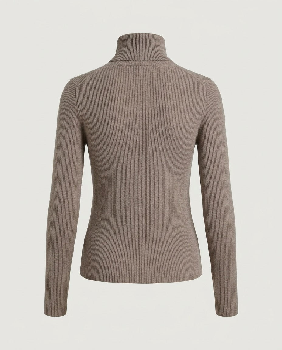 High-Neck Fine Knit, Taupe, back