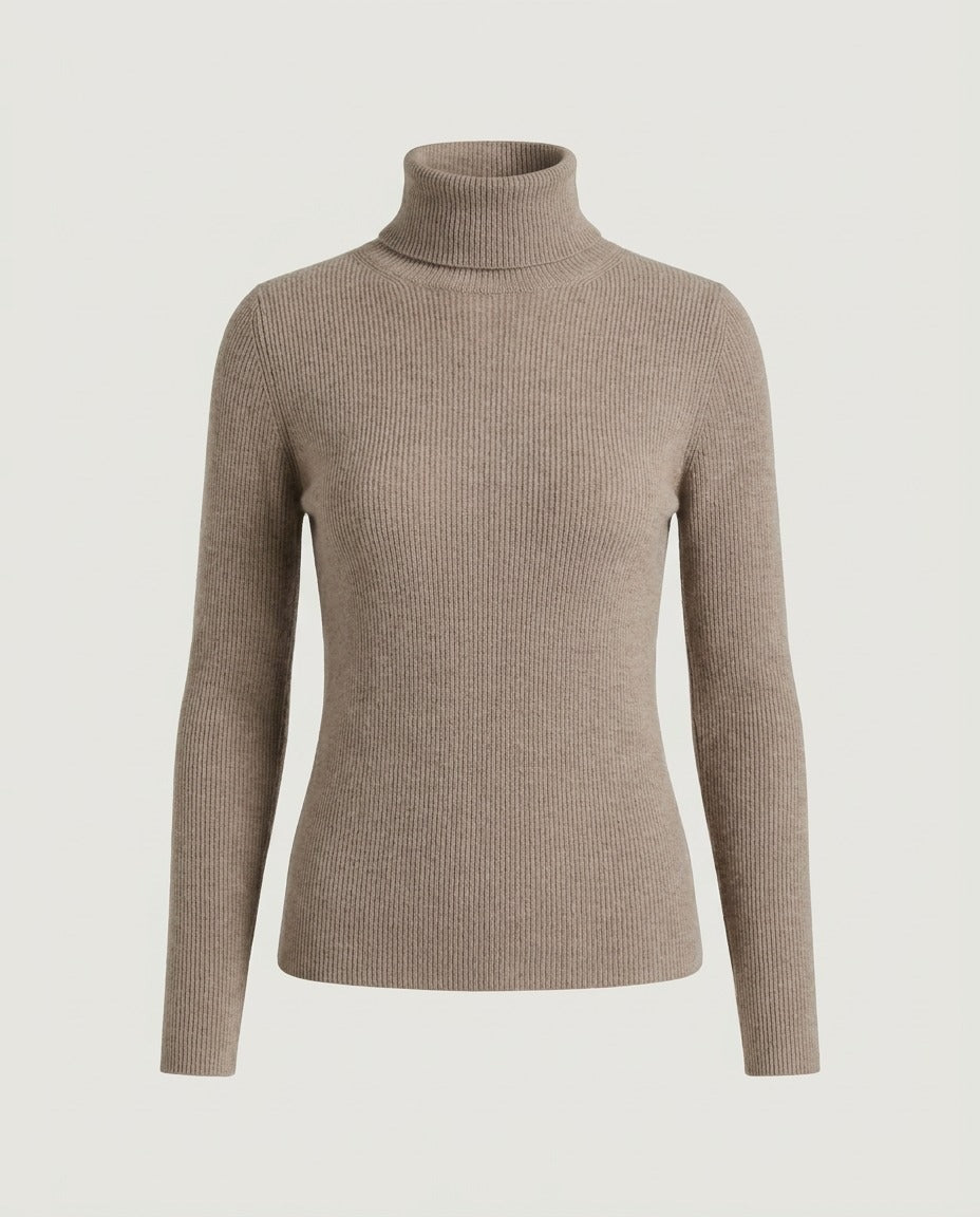 High-Neck Fine Knit, Taupe, front