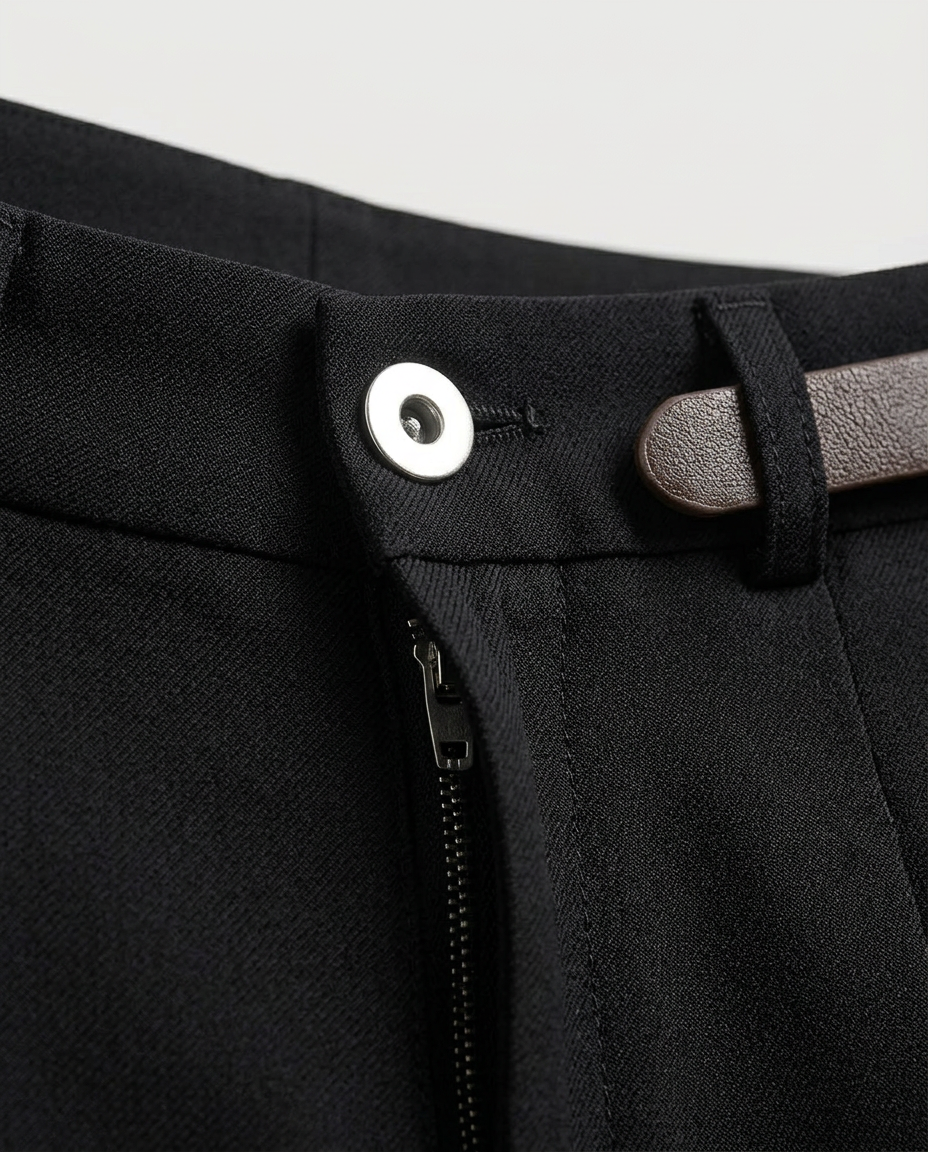 Pleated Tailored Shorts in Black, waistband with large button and belt loop, detail view