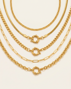 Close-up view of five assorted Gold link necklaces