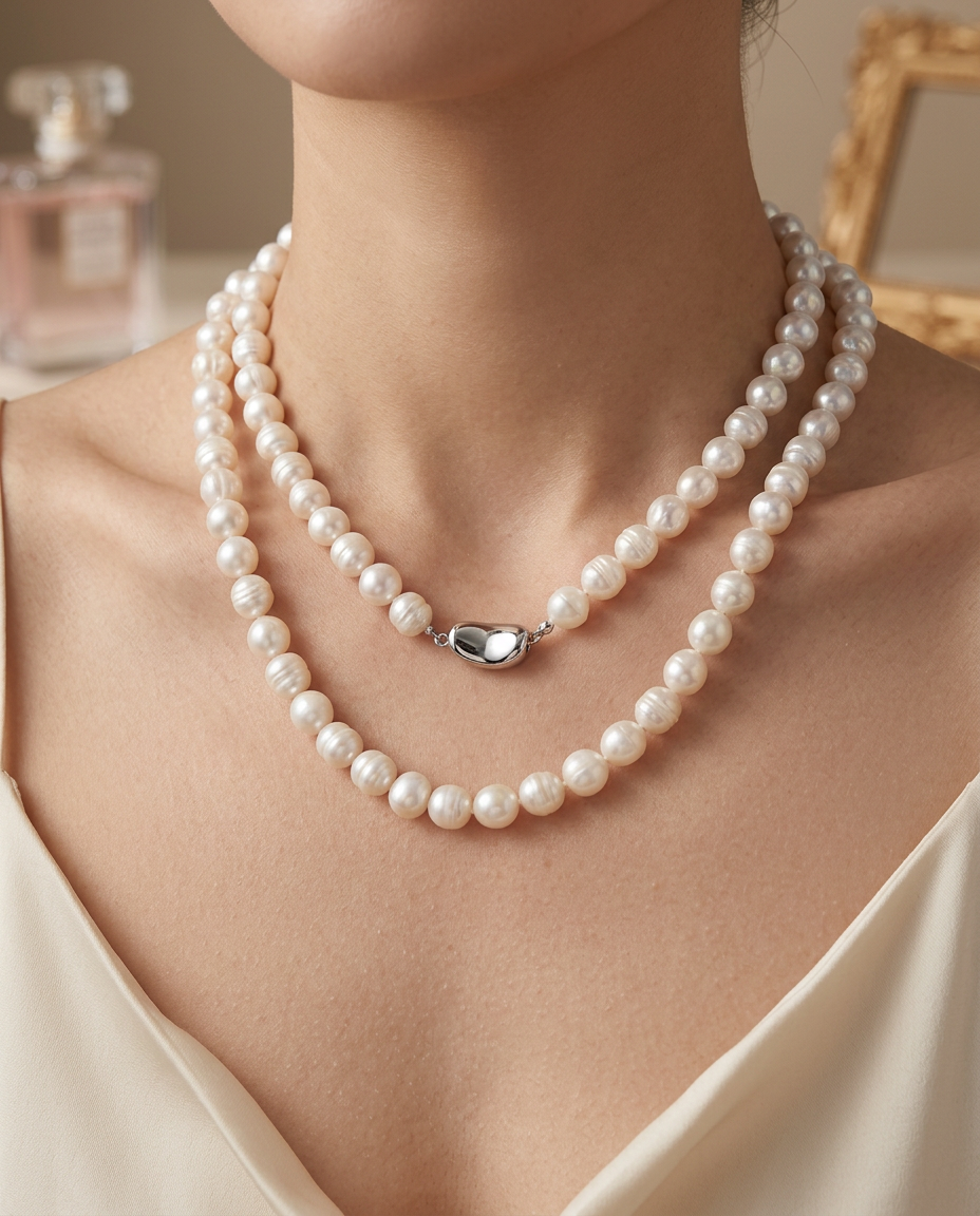 Close-up of the polished metal clasp closure in Pearl.