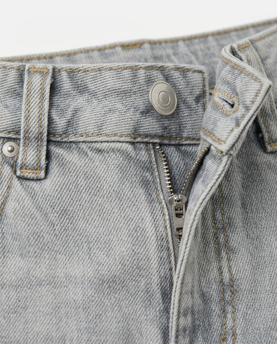 Barrel Leg Jeans in Light Wash, light wash waistband with metal button and zip fly, detail view