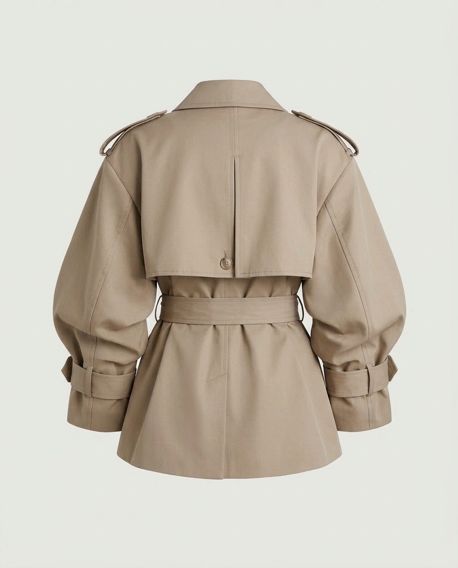 Back view of the belted short trench jacket in taupe.