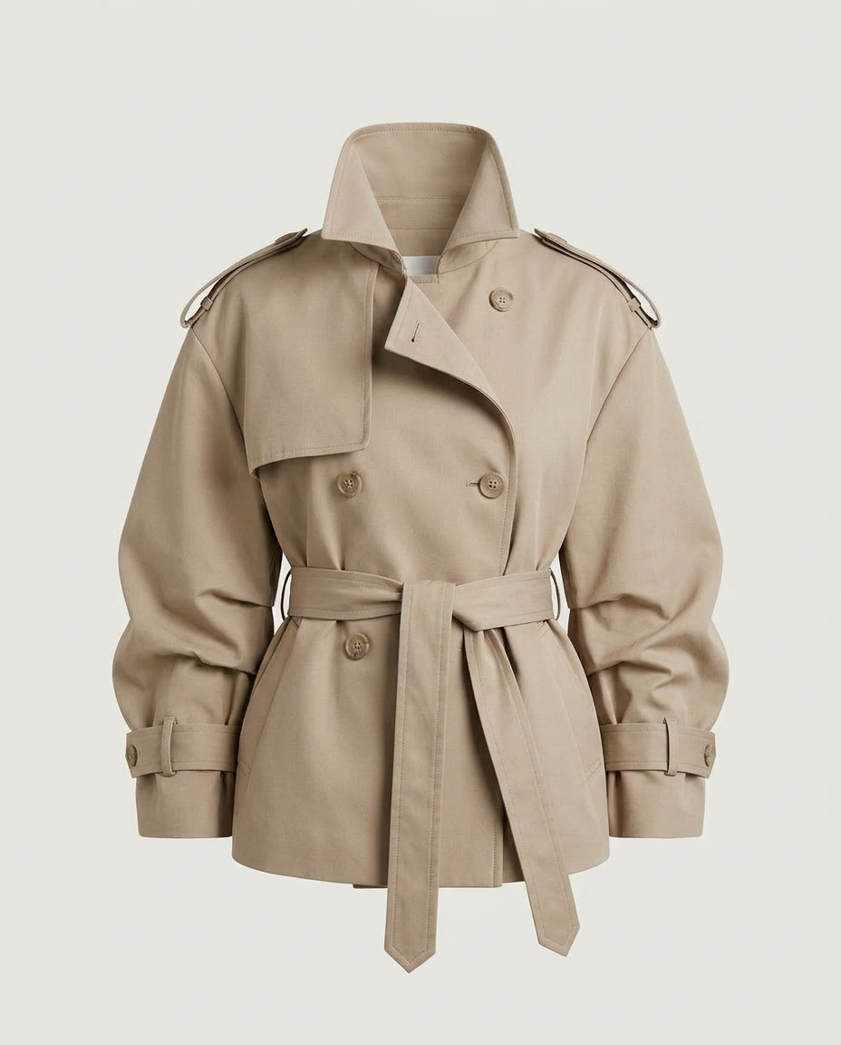 Front view of the belted short trench jacket in taupe.