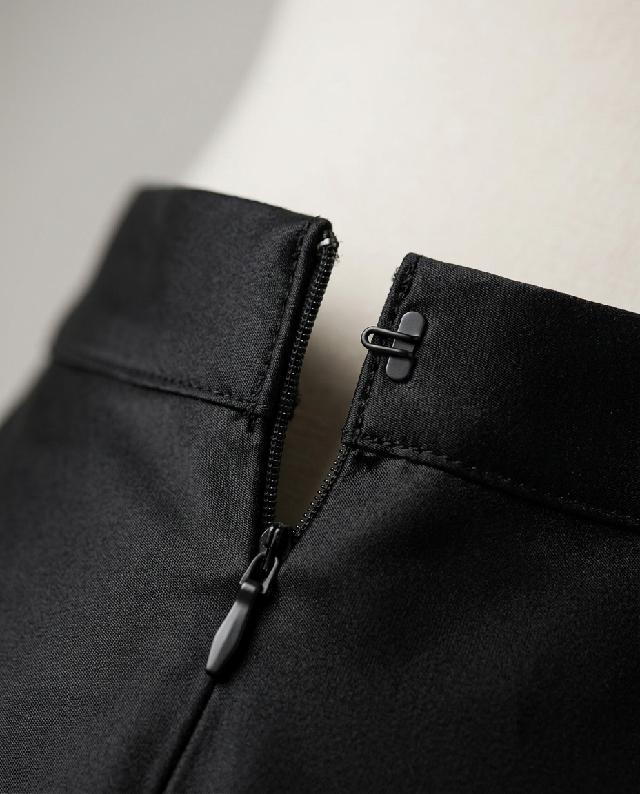 Bias Satin Midi Skirt in Black, waist closure with hook and invisible zip, detail view