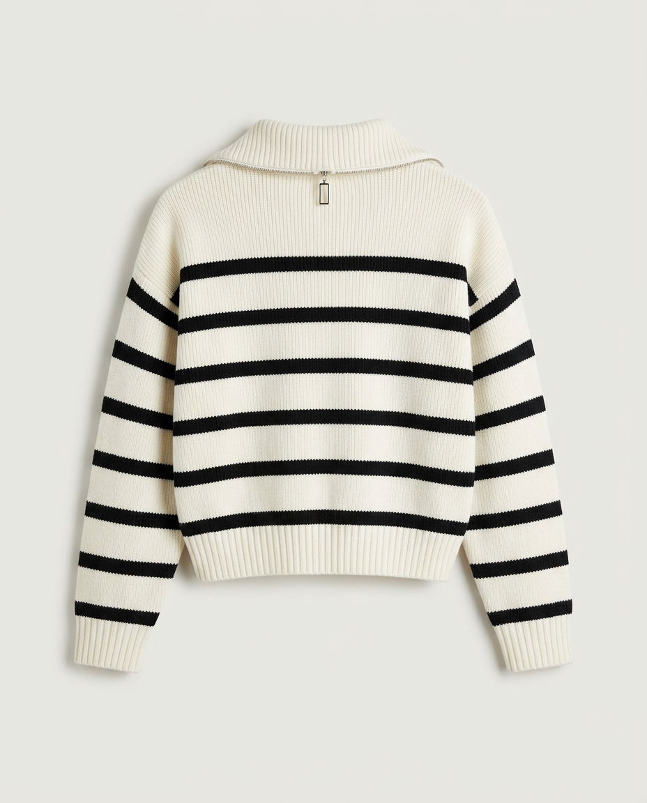 Back view of the Breton half-zip knit pullover in cream black.
