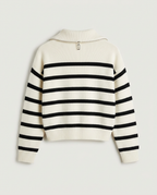 Back view of the Breton half-zip knit pullover in cream black.