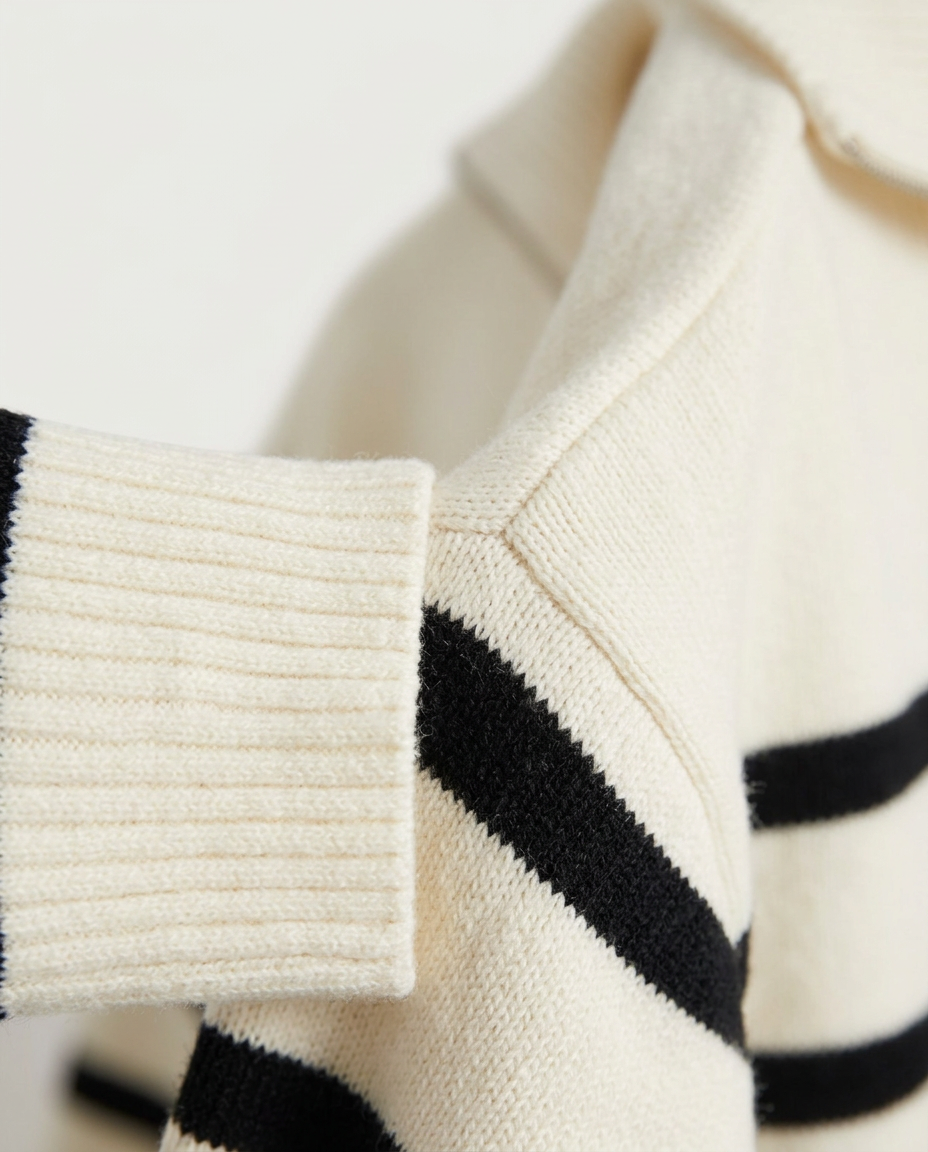 Breton Half-Zip Knit Pullover, Cream Black, detail