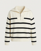 Front view of the Breton half-zip knit pullover in cream black.