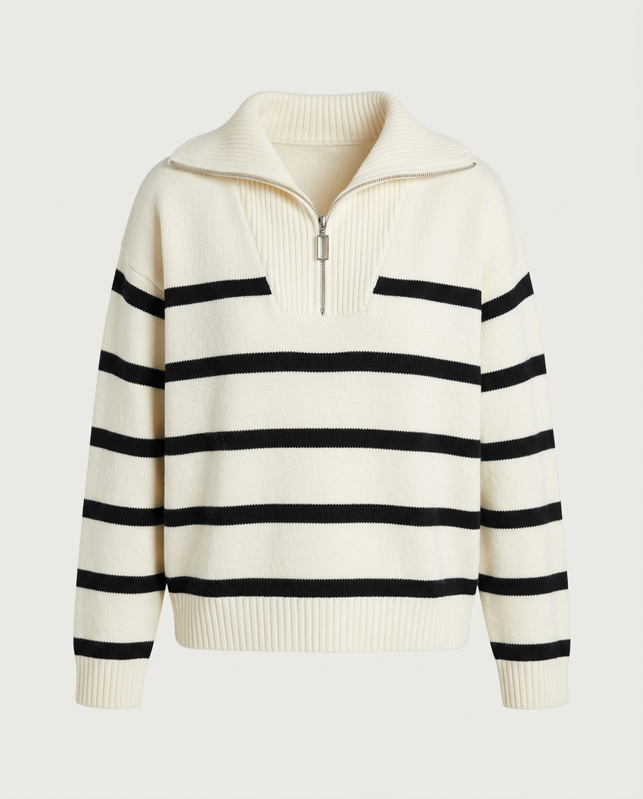 Front view of the Breton half-zip knit pullover in cream black.