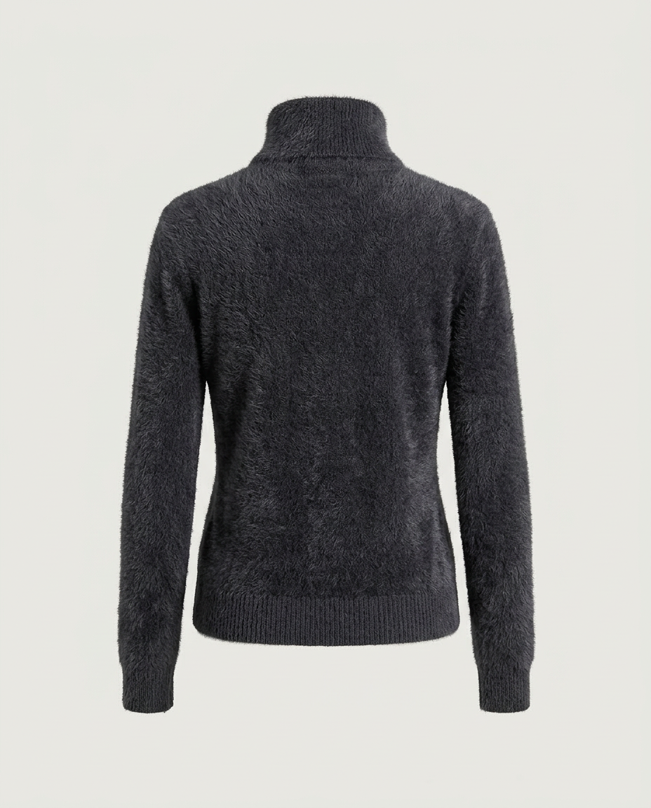 Back view of the plush mock neck sweater in charcoal