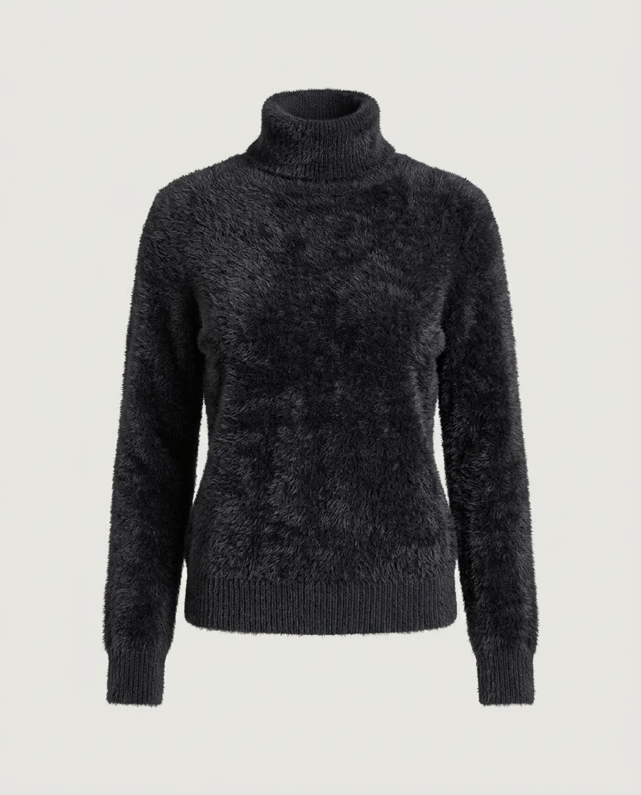 Front view of the plush mock neck sweater in charcoal