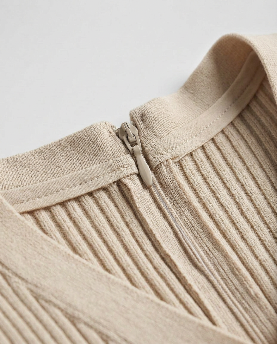 Button Front Knit Midi Dress in Cream, neckline trim and back zip on ribbed knit, detail view