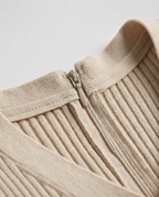 Button Front Knit Midi Dress in Cream, neckline trim and back zip on ribbed knit, detail view