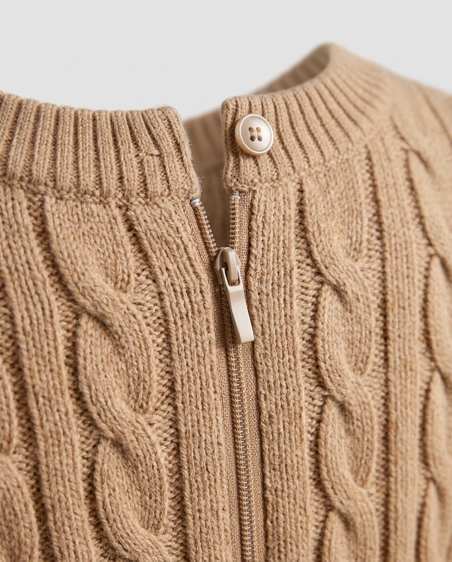 Cable Knit Flare Dress in Camel, ribbed crew neck with button and zip placket, detail view
