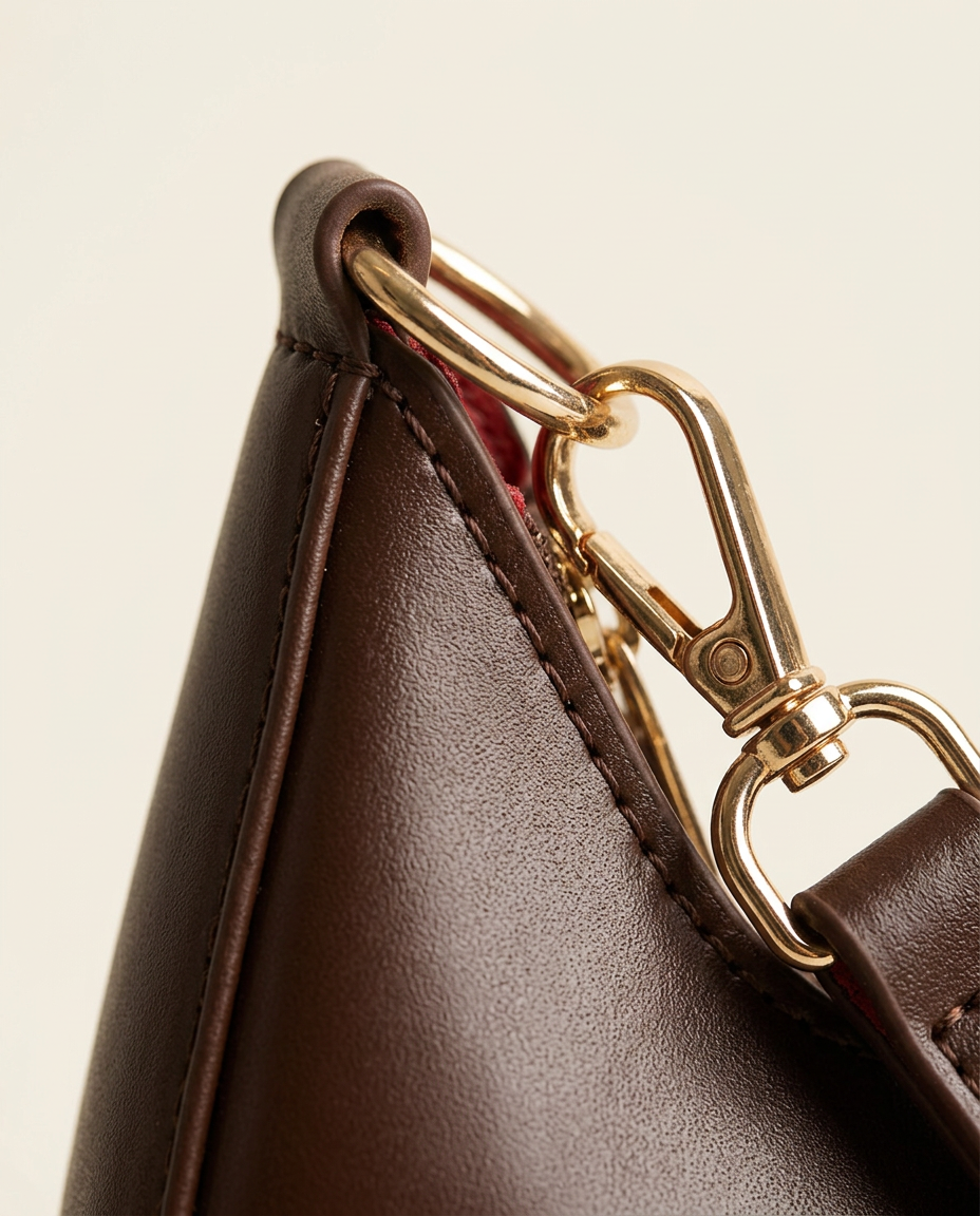 Macro close-up of the metal clip hardware and stitching on the crescent shoulder bag in chocolate