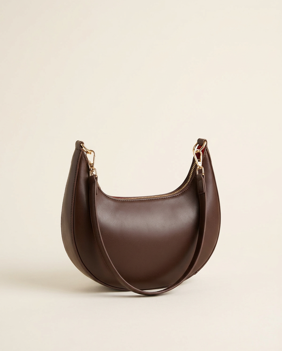 Studio hero shot of the crescent shoulder bag in chocolate against a white panel