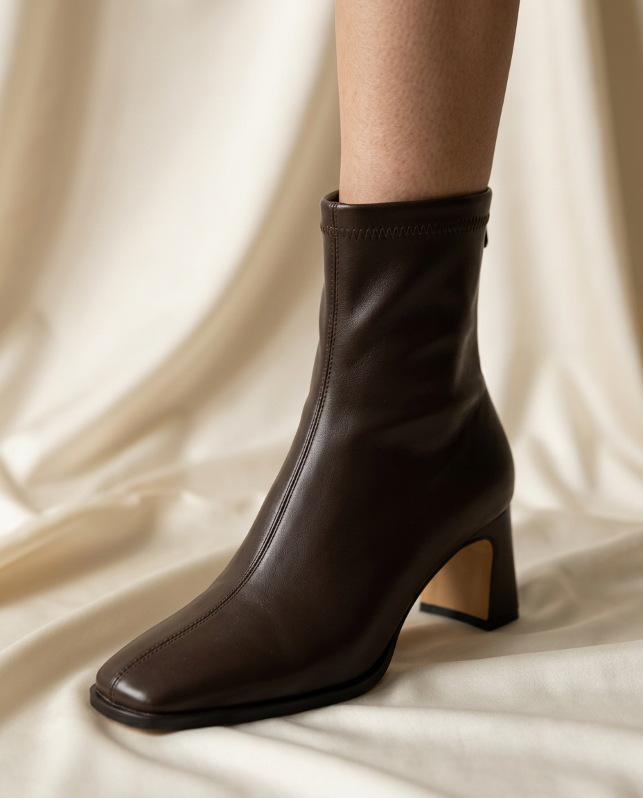 Worn detail shot of the square-toe ankle boot in chocolate