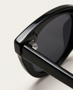 Close-up of the temple and rim of cat-eye sunglasses in black.