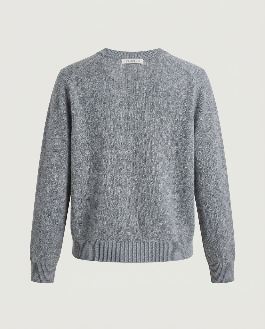 Back view of the classic crewneck cardigan in grey.