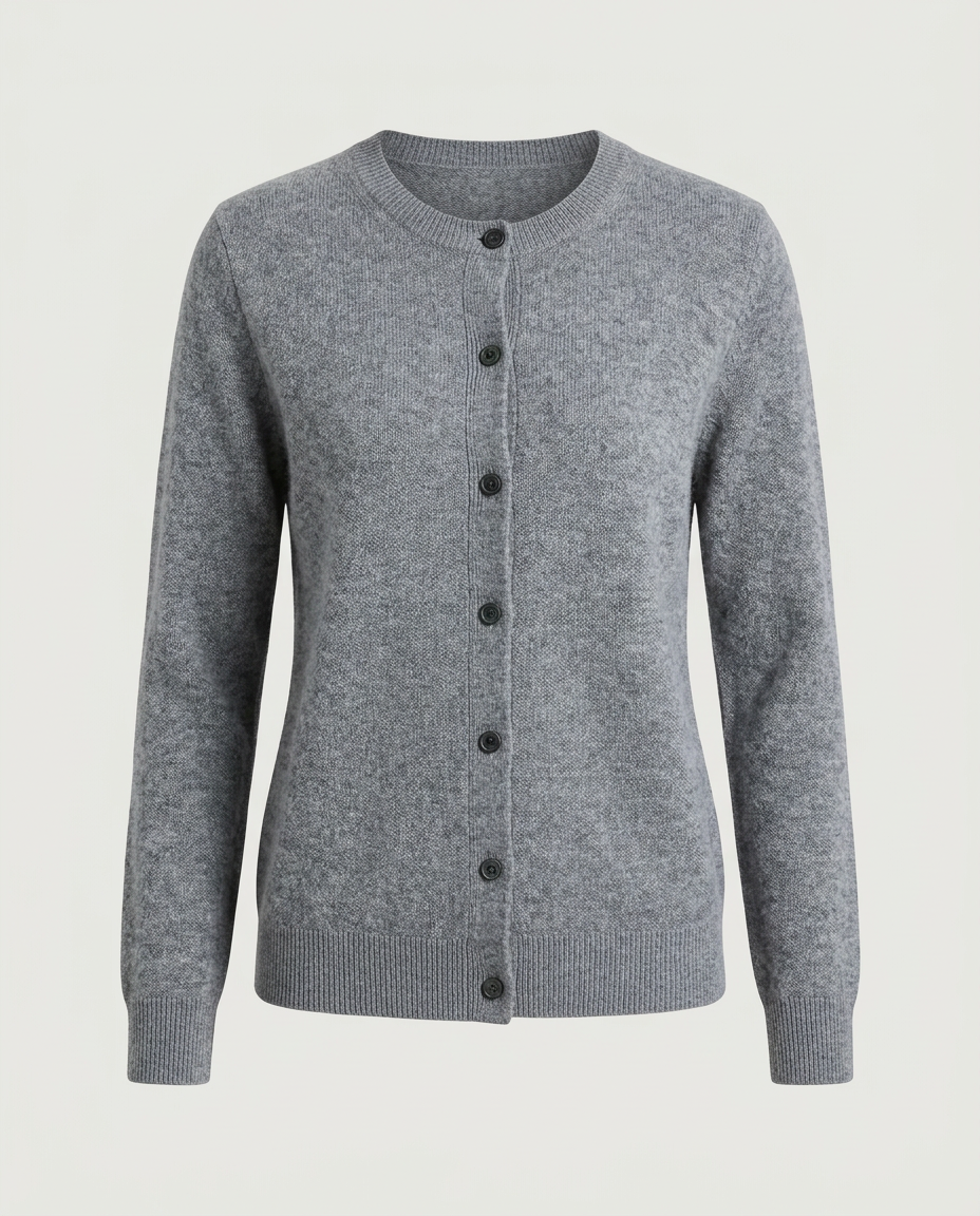 Front view of the classic crewneck cardigan in grey.