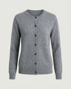 Front view of the classic crewneck cardigan in grey.
