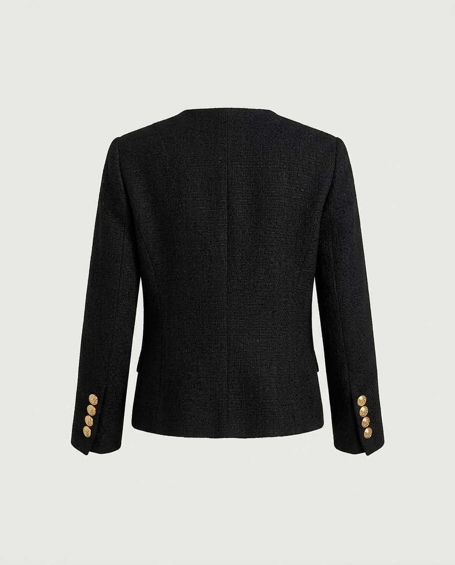 Back view of black collarless jacket with straight hem
