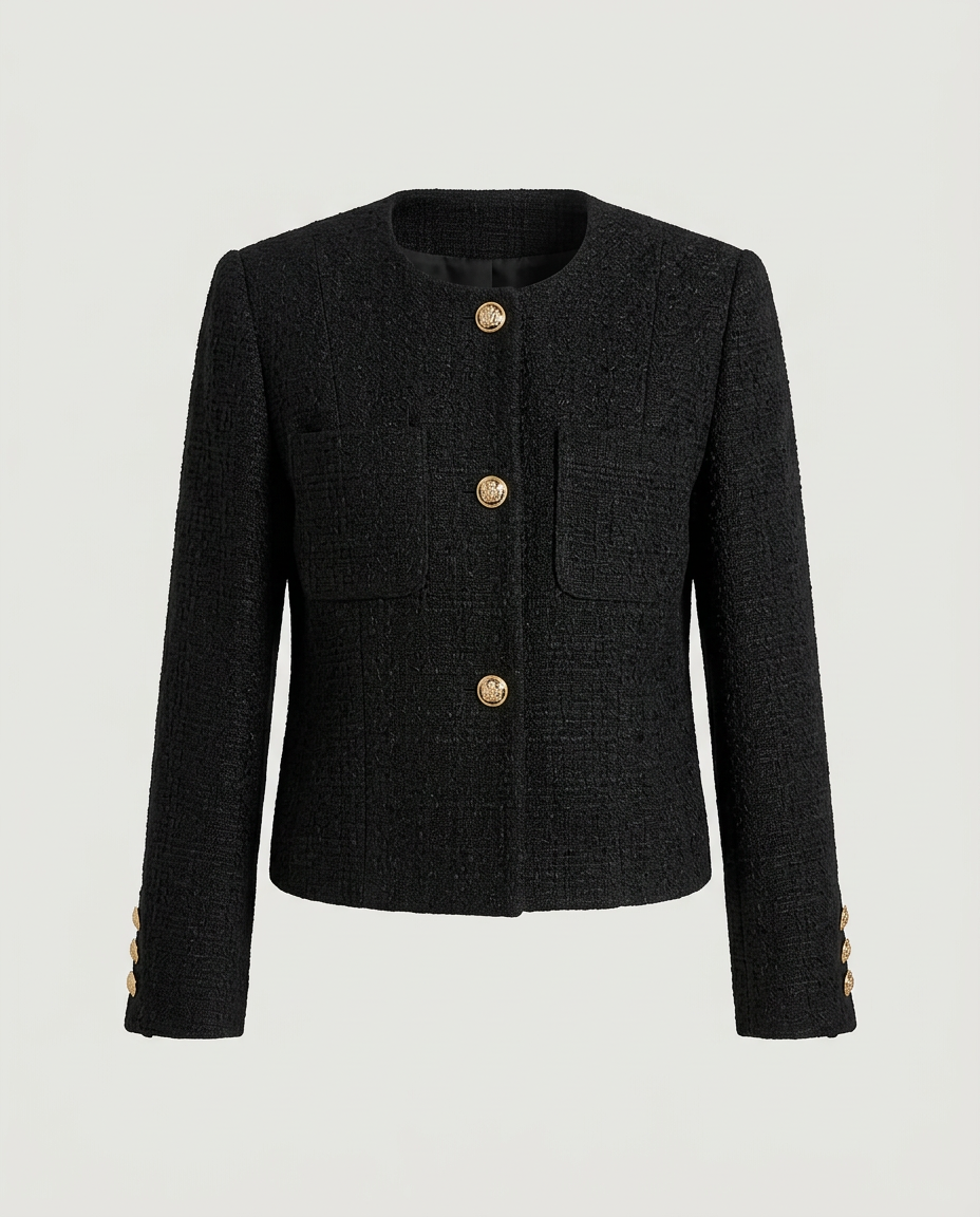 Front view of black collarless jacket with embossed metal buttons