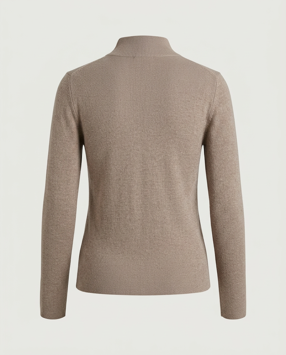 Back view of fine-knit mock neck in taupe