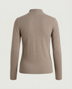 Back view of fine-knit mock neck in taupe